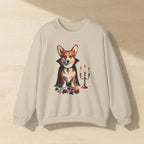 Corgi Halloween Crewneck laid flat on a warm limestone surface, shot from overhead