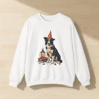 Border Collie Halloween Crewneck laid flat on a warm limestone surface, shot from overhead