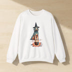 Poodle Halloween Crewneck laid flat on a warm limestone surface, shot from overhead