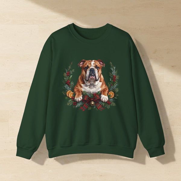 English Bulldog Christmas Wreath Crewneck Sweatshirt, Painterly Holiday Dog Art, English Bulldog Lover Gift laid flat on a warm limestone surface, shot from overhead