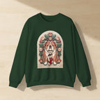 English Bulldog Folk Paper-Cut Christmas Crewneck Sweatshirt, Wycinanki Style Holiday Dog Art, English Bulldog Lover Gift laid flat on a warm limestone surface, shot from overhead
