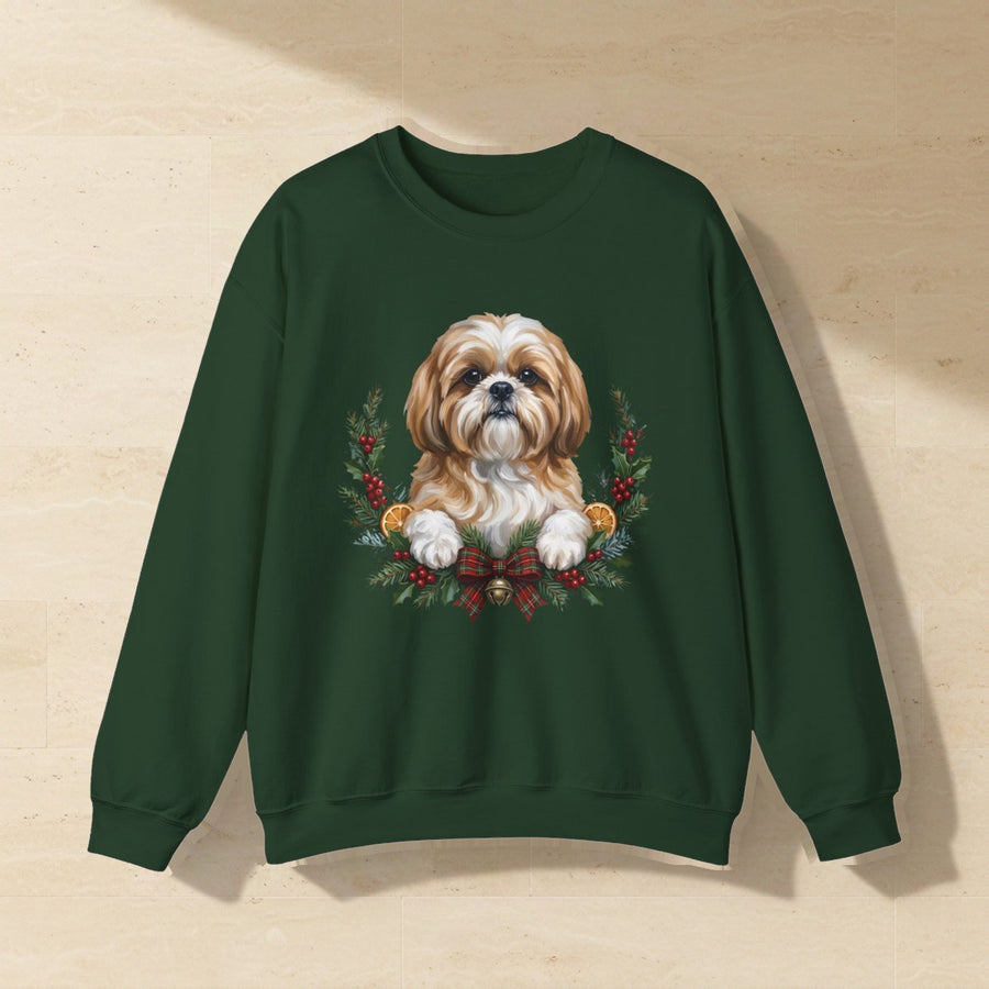 Shih Tzu Christmas Wreath Crewneck Sweatshirt, Painterly Holiday Dog Art, Shih Tzu Lover Gift laid flat on a warm limestone surface, shot from overhead