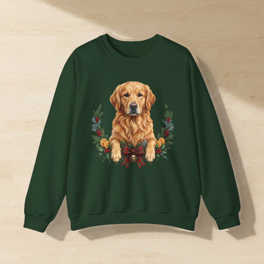 Golden Retriever Christmas Wreath Crewneck Sweatshirt, Painterly Holiday Dog Art, Golden Retriever Lover Gift laid flat on a warm limestone surface, shot from overhead