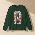 Cane Corso Folk Paper-Cut Christmas Crewneck Sweatshirt, Wycinanki Style Holiday Dog Art, Cane Corso Lover Gift laid flat on a warm limestone surface, shot from overhead