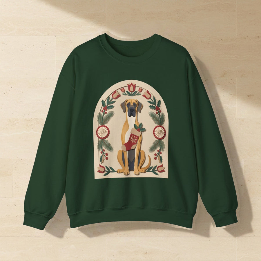 Great Dane Folk Paper-Cut Christmas Crewneck Sweatshirt, Wycinanki Style Holiday Dog Art, Great Dane Lover Gift laid flat on a warm limestone surface, shot from overhead