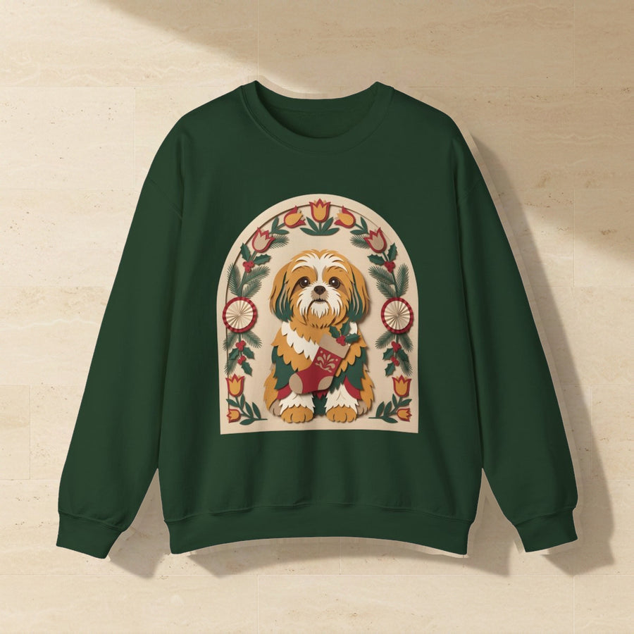 Shih Tzu Folk Paper-Cut Christmas Crewneck Sweatshirt, Wycinanki Style Holiday Dog Art, Shih Tzu Lover Gift laid flat on a warm limestone surface, shot from overhead