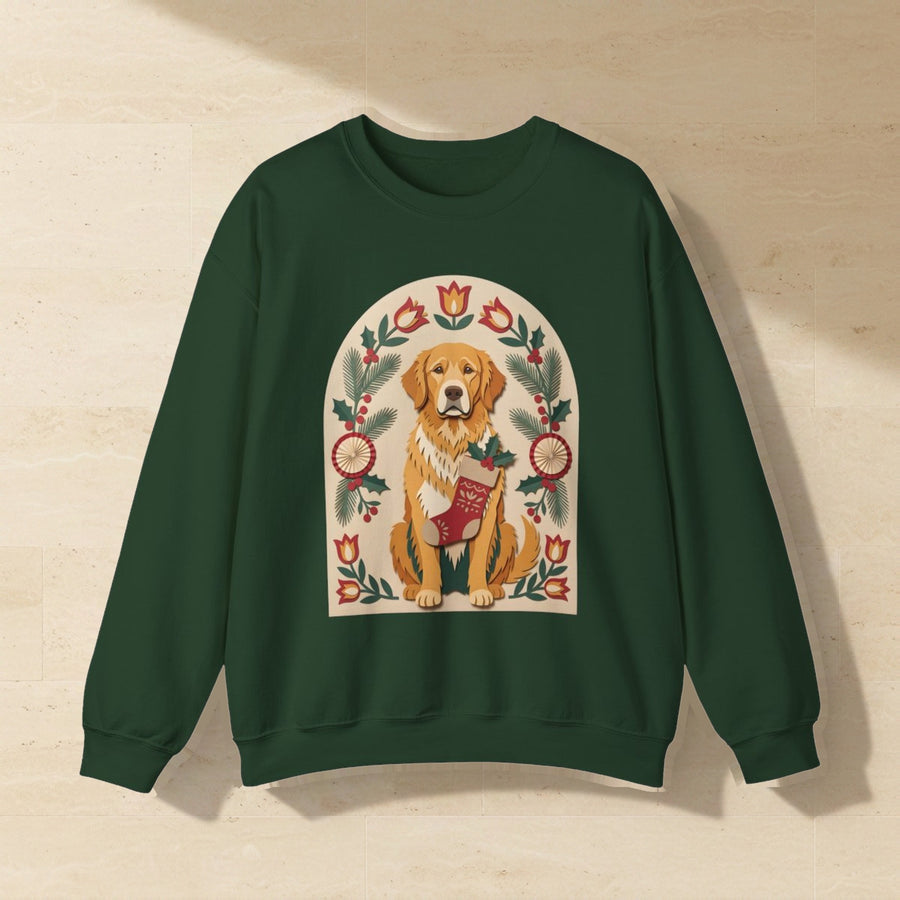 Golden Retriever Folk Paper-Cut Christmas Crewneck Sweatshirt, Wycinanki Style Holiday Dog Art, Golden Retriever Lover Gift laid flat on a warm limestone surface, shot from overhead