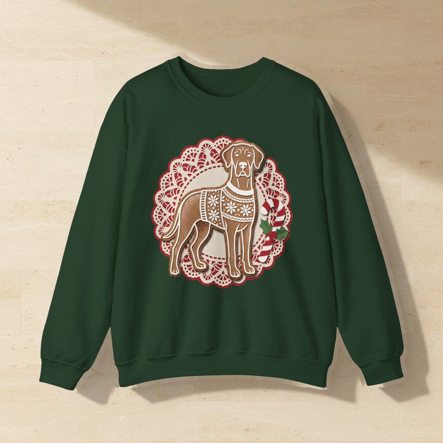 Great Dane Gingerbread Christmas Crewneck Sweatshirt, Gingerbread Cookie Dog Art, Great Dane Lover Gift laid flat on a warm limestone surface, shot from overhead