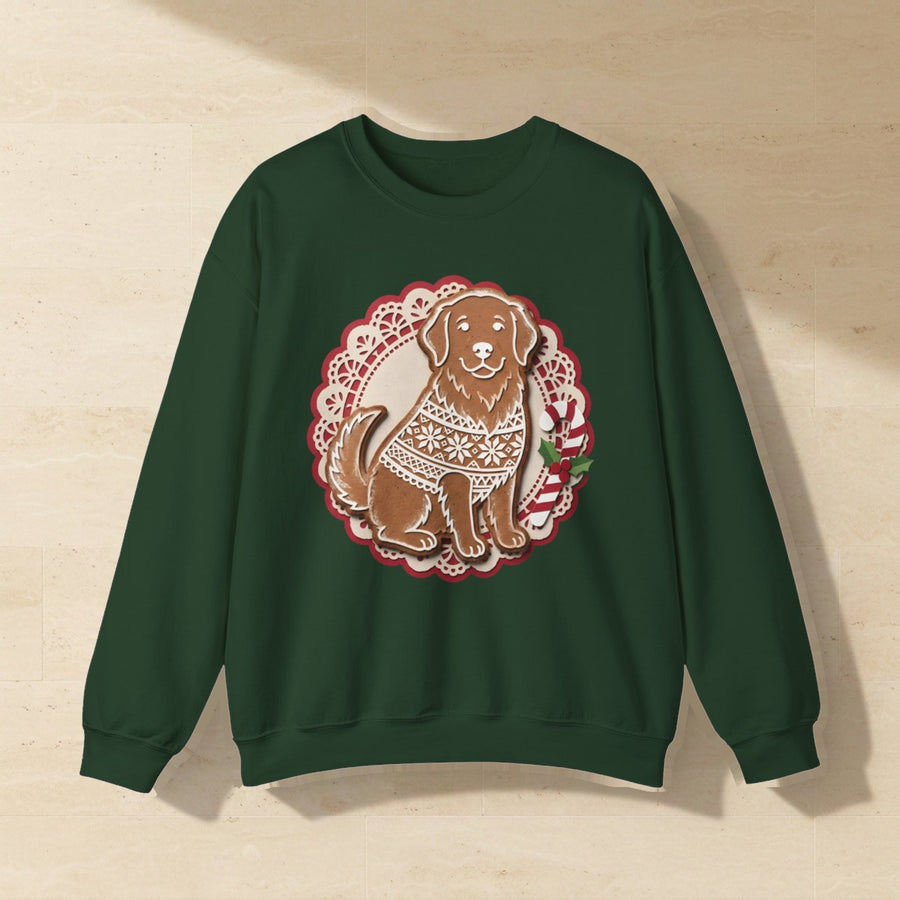 Golden Retriever Gingerbread Christmas Crewneck Sweatshirt, Gingerbread Cookie Dog Art, Golden Retriever Lover Gift laid flat on a warm limestone surface, shot from overhead