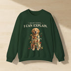 Golden Retriever Dear Santa I Can Explain Crewneck Sweatshirt, Palette Knife Style Holiday Dog Art, Golden Retriever Lover Gift laid flat on a warm limestone surface, shot from overhead