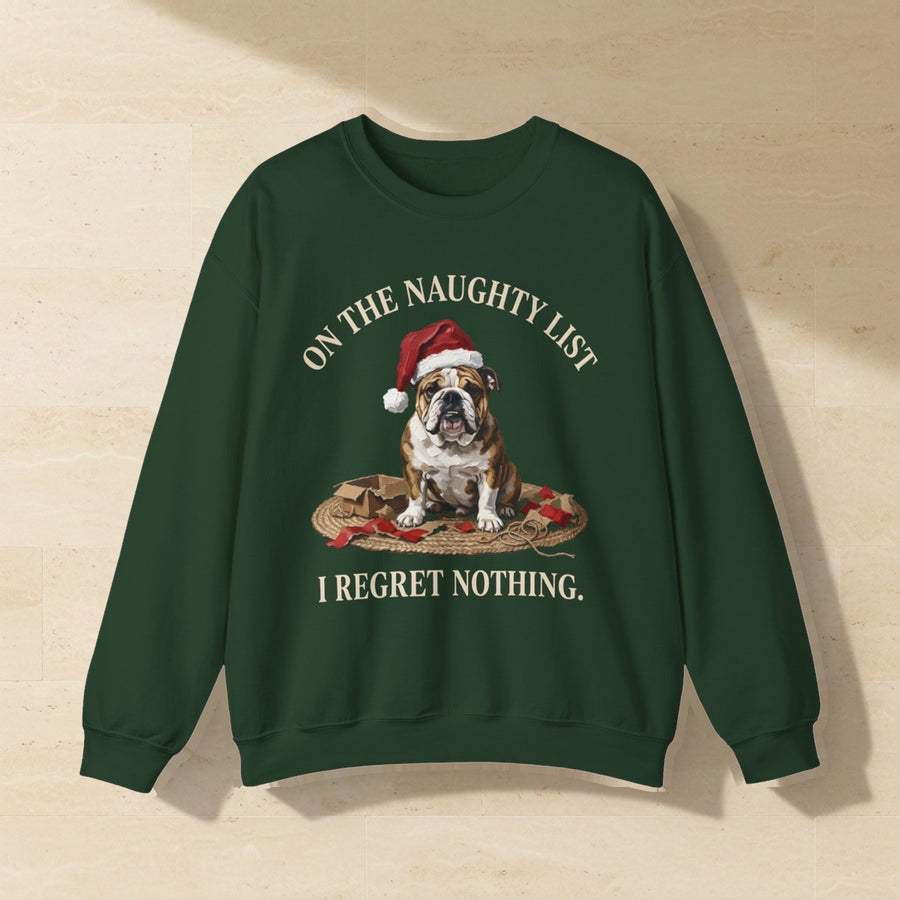 English Bulldog On the Naughty List I Regret Nothing Crewneck Sweatshirt, Palette Knife Style Holiday Dog Art, English Bulldog Lover Gift laid flat on a warm limestone surface, shot from overhead