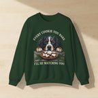 Bernese Mountain Dog Every Cookie You Bake Crewneck Sweatshirt, Palette Knife Style Holiday Dog Art, Bernese Mountain Dog Lover Gift laid flat on a warm limestone surface, shot from overhead