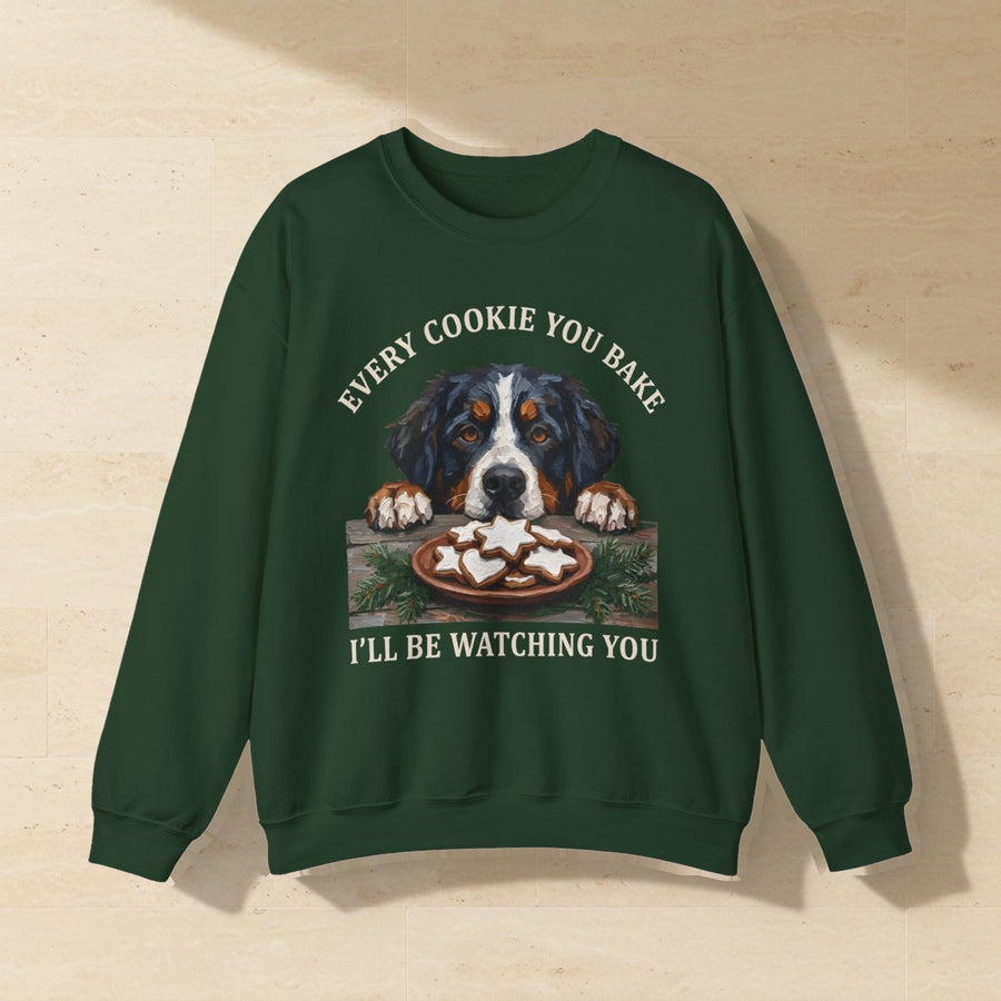Bernese Mountain Dog Every Cookie You Bake Crewneck Sweatshirt, Palette Knife Style Holiday Dog Art, Bernese Mountain Dog Lover Gift laid flat on a warm limestone surface, shot from overhead
