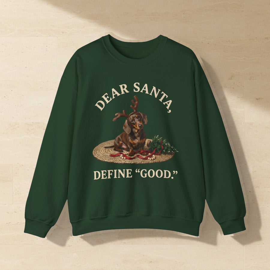 Dachshund Dear Santa Define Good Crewneck Sweatshirt, Palette Knife Style Holiday Dog Art, Dachshund Lover Gift laid flat on a warm limestone surface, shot from overhead