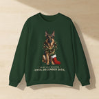 German Shepherd On My Best Behavior Until December 26th Crewneck Sweatshirt, Palette Knife Style Holiday Dog Art, German Shepherd Lover Gift laid flat on a warm limestone surface, shot from overhead