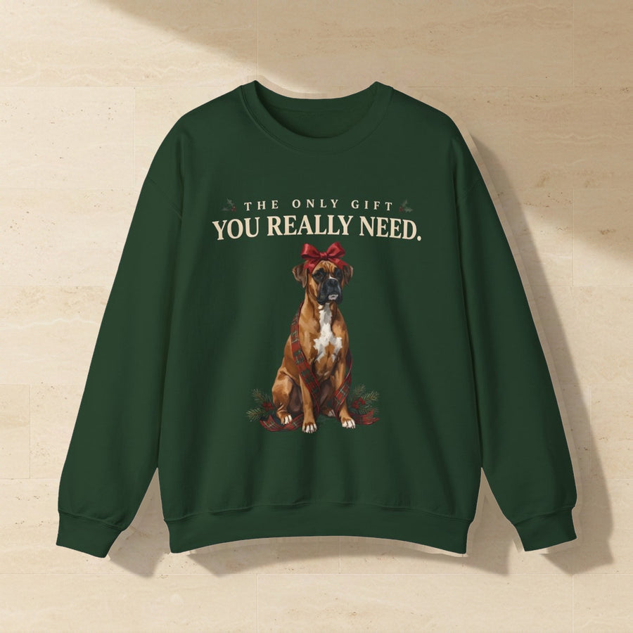 Boxer The Only Gift You Really Need Crewneck Sweatshirt, Palette Knife Style Holiday Dog Art, Boxer Lover Gift laid flat on a warm limestone surface, shot from overhead