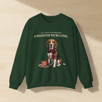 Beagle Whatever You're Eating Crewneck Sweatshirt, Palette Knife Style Holiday Dog Art, Beagle Lover Gift laid flat on a warm limestone surface, shot from overhead