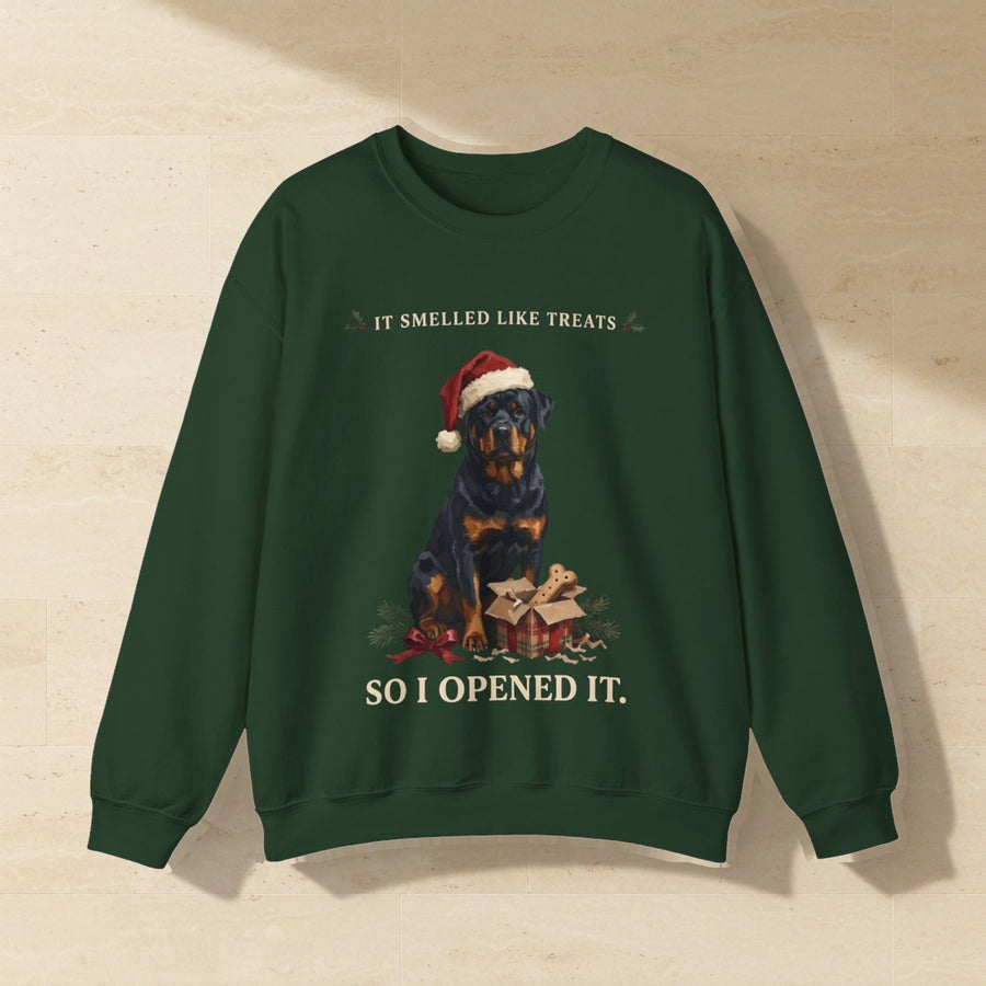 Rottweiler It Smelled Like Treats So I Opened It Crewneck Sweatshirt, Palette Knife Style Holiday Dog Art, Rottweiler Lover Gift laid flat on a warm limestone surface, shot from overhead