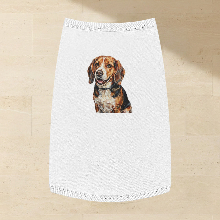 Beagle Dog Shirt laid flat on a warm limestone surface, shot from overhead