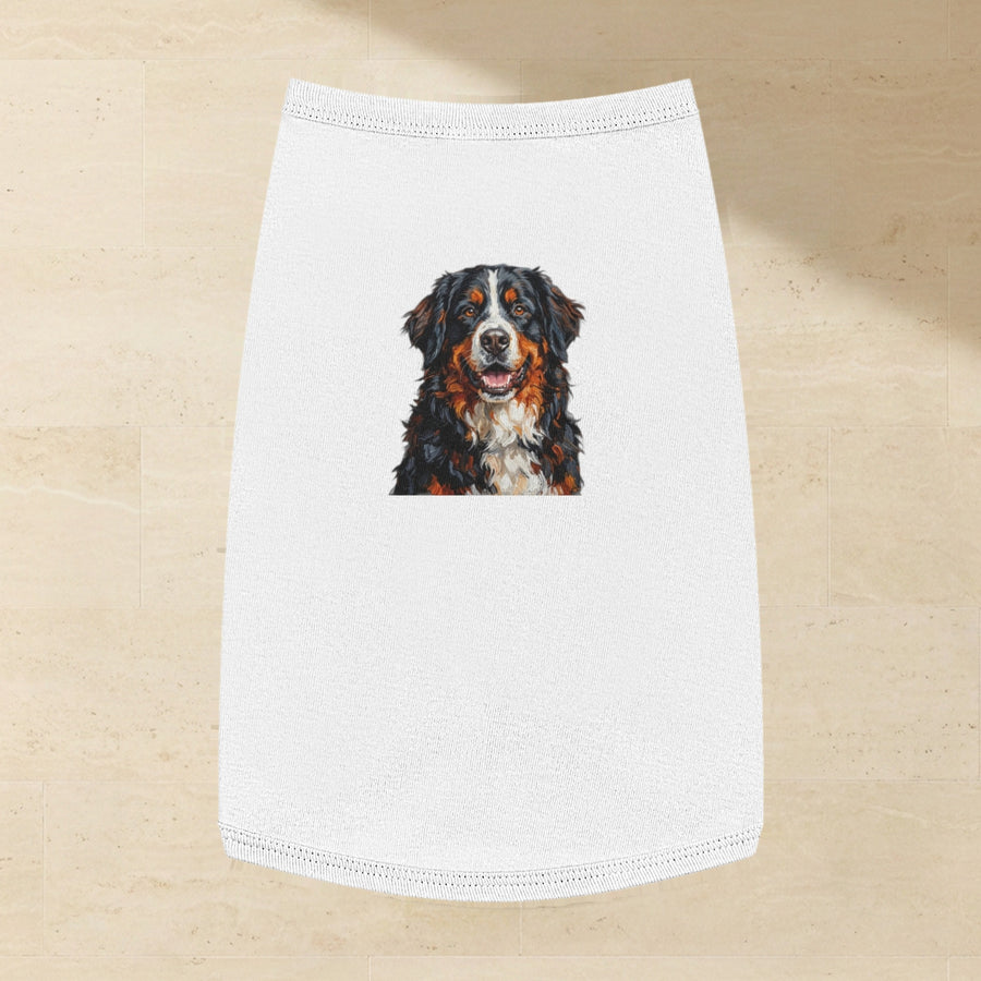 Bernese Mountain Dog Dog Shirt laid flat on a warm limestone surface, shot from overhead
