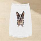 Boston Terrier Dog Shirt laid flat on a warm limestone surface, shot from overhead