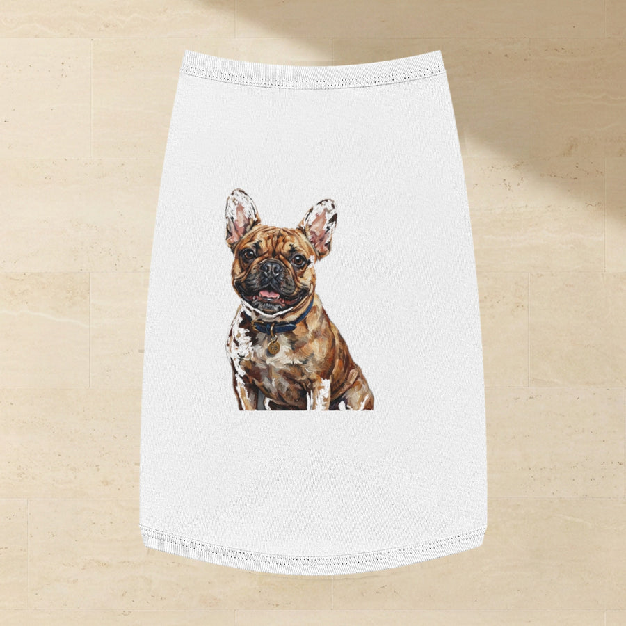 French Bulldog Dog Shirt laid flat on a warm limestone surface, shot from overhead