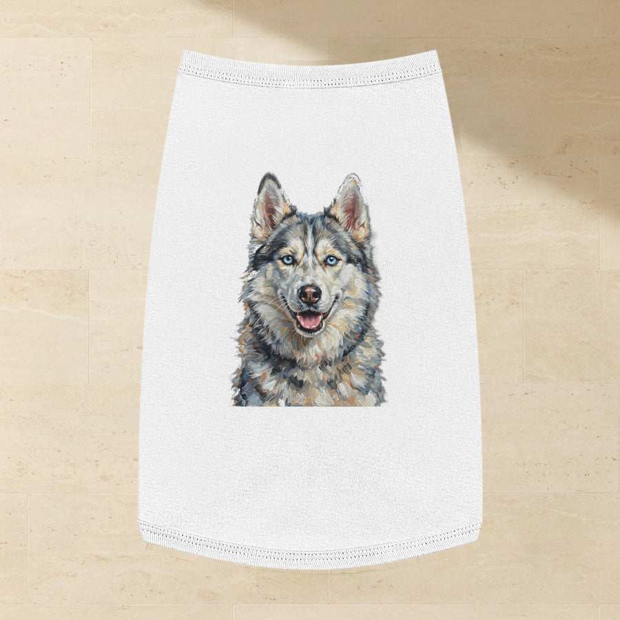 Siberian Husky Dog Shirt laid flat on a warm limestone surface, shot from overhead