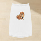 Pomeranian Dog Shirt laid flat on a warm limestone surface, shot from overhead