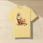 Golden Retriever Halloween Shirt laid flat on a warm limestone surface, shot from overhead