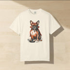 French Bulldog Halloween Shirt laid flat on a warm limestone surface, shot from overhead