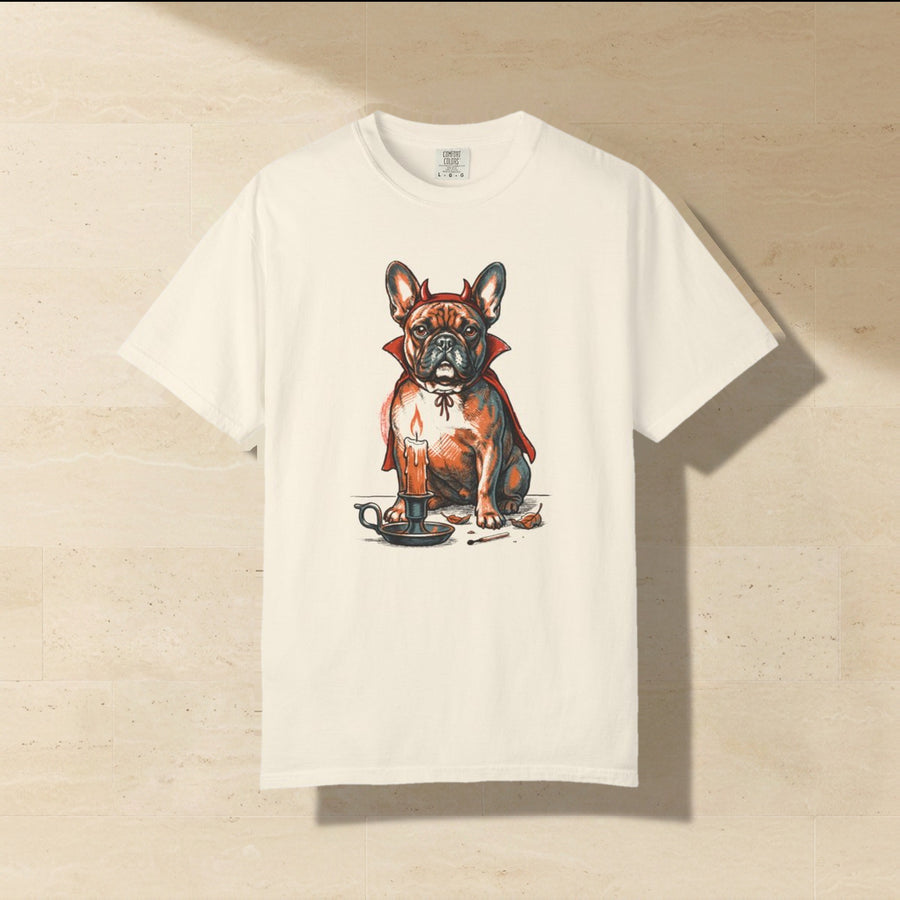 French Bulldog Halloween Shirt laid flat on a warm limestone surface, shot from overhead