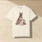 German Shepherd Halloween Shirt laid flat on a warm limestone surface, shot from overhead