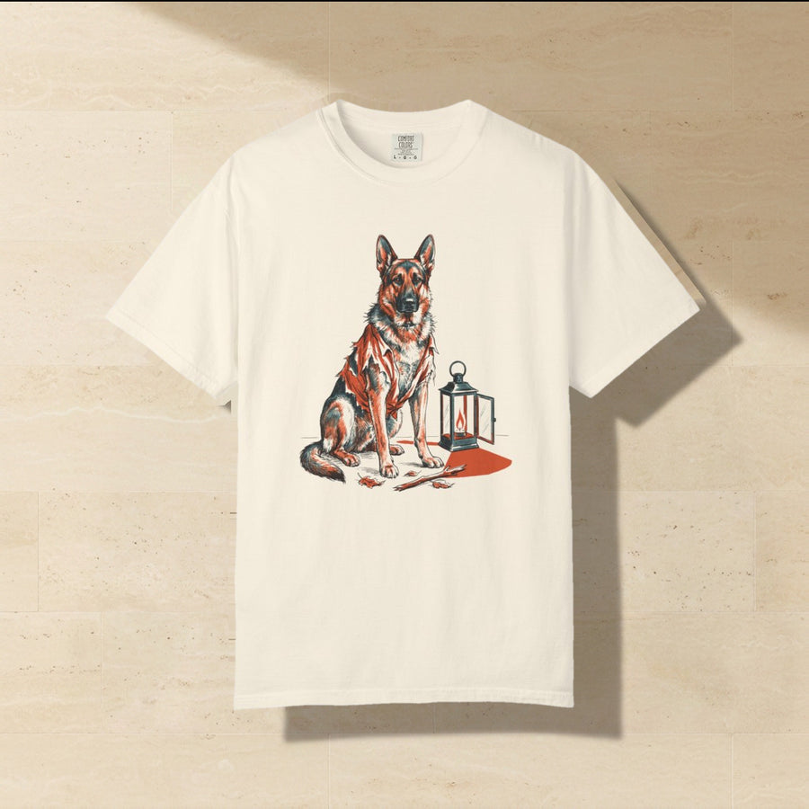 German Shepherd Halloween Shirt laid flat on a warm limestone surface, shot from overhead