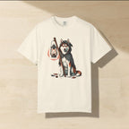 Husky Halloween Shirt laid flat on a warm limestone surface, shot from overhead