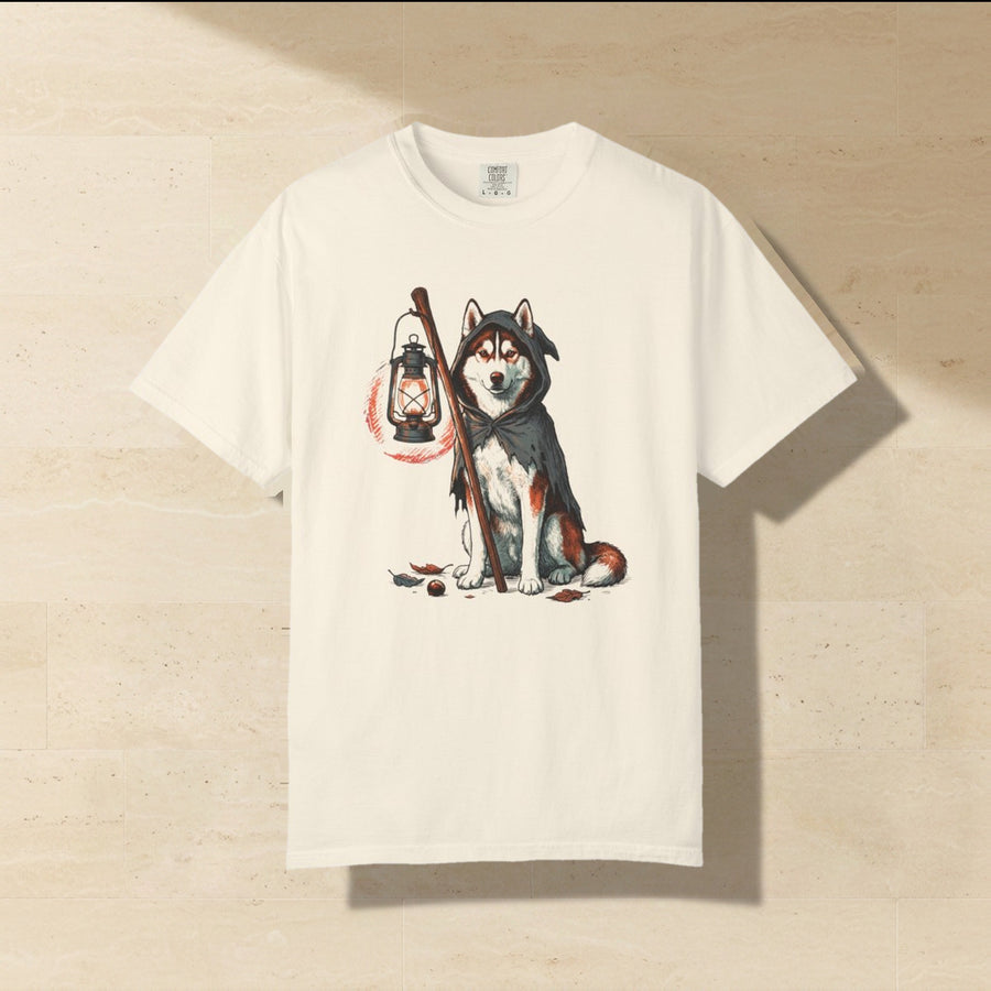 Husky Halloween Shirt laid flat on a warm limestone surface, shot from overhead