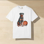 Rottweiler Halloween Shirt laid flat on a warm limestone surface, shot from overhead