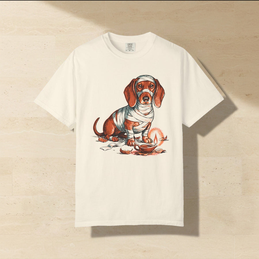 Dachshund Halloween Shirt laid flat on a warm limestone surface, shot from overhead