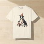 Border Collie Halloween Shirt laid flat on a warm limestone surface, shot from overhead