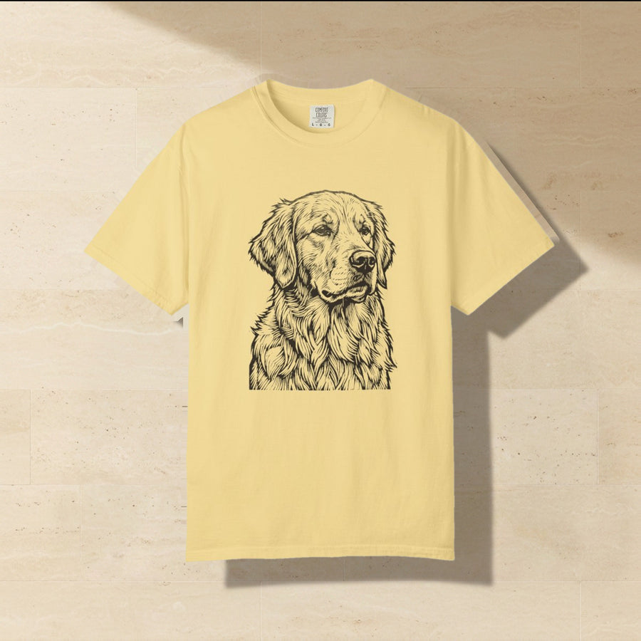 Golden Retriever Woodcut Shirt laid flat on a warm limestone surface, shot from overhead