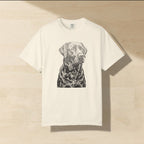Labrador Print Shirt laid flat on a warm limestone surface, shot from overhead