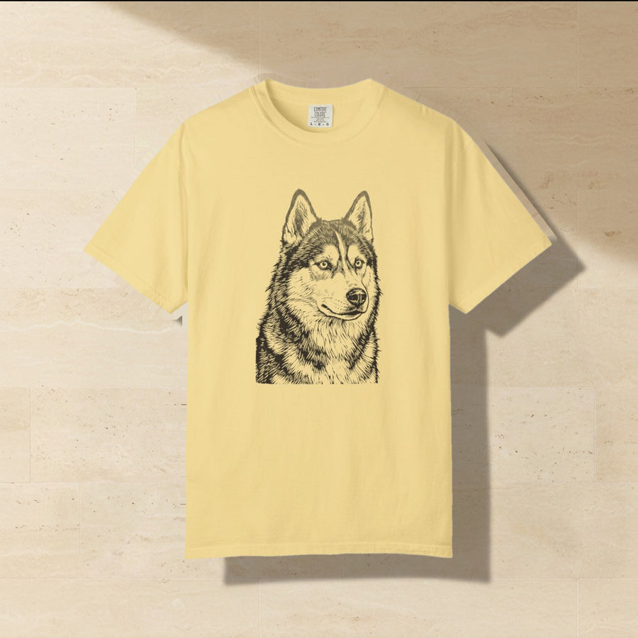 Husky Woodcut Shirt laid flat on a warm limestone surface, shot from overhead