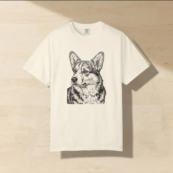 Corgi Print Shirt laid flat on a warm limestone surface, shot from overhead