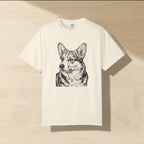Corgi Print Shirt laid flat on a warm limestone surface, shot from overhead