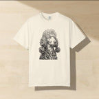 Poodle Block Print Shirt laid flat on a warm limestone surface, shot from overhead