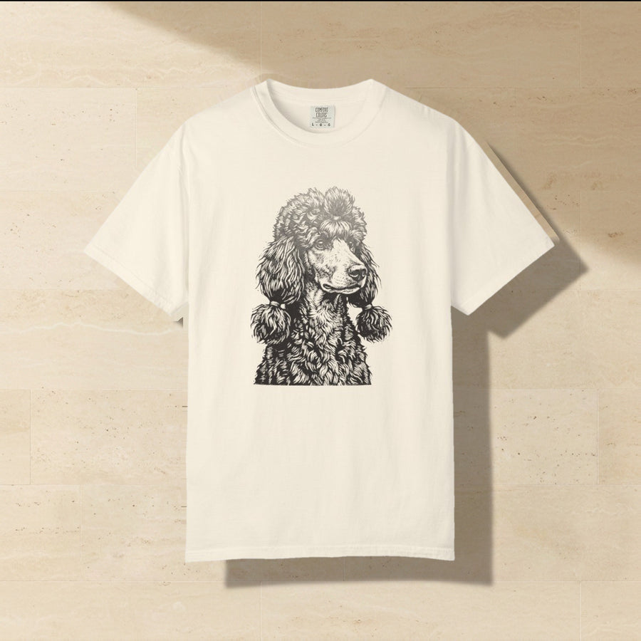 Poodle Block Print Shirt laid flat on a warm limestone surface, shot from overhead