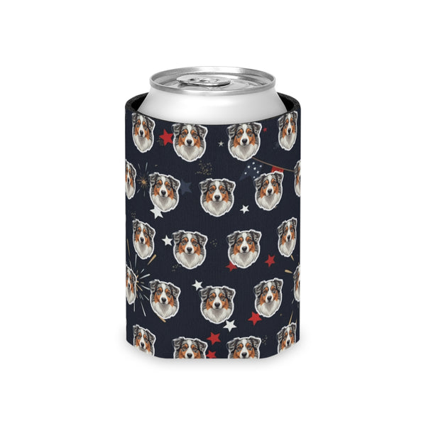 Australian Shepherd Can Cooler, America 250 Patriotic Dog Pattern Gift, Aussie Decor, Independence Day Drink Coolie — Lifestyle View