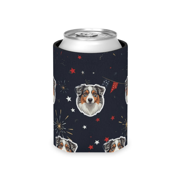 Australian Shepherd Can Cooler, 4th of July Patriotic Dog Pattern Gift, Aussie Decor, Independence Day Drink Coolie — Lifestyle View