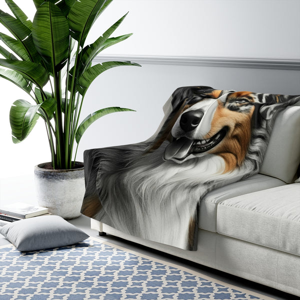 Australian Shepherd Charcoal Portrait, Aussie Dog Wall Art, Pet Lover Gift, Rustic Home Decor Throw Blanket | Premium Dog Prints | Tritan — Lifestyle View