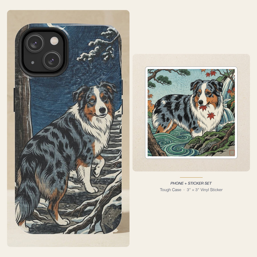 Australian Shepherd Japanese Print phone and sticker gift set: dual-layer iPhone 15 Pro tough case and 3x3 vinyl sticker