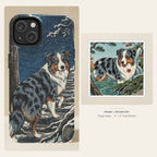 Australian Shepherd Japanese Print phone and sticker gift set: dual-layer iPhone 15 Pro tough case and 3x3 vinyl sticker